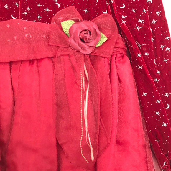 Long Sleeve Dress Girls Size 10 With Rose Bow Tie Back Red Silver Starry Night - Picture 2 of 14